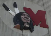 Miami University Yager Stadium college football^ the old Redskins team logo on the outside of the stadium replaced by the Redhawks May 30^ 2016 Oxford^ OH