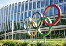 Headquarters International Olympic Committee. Olympic rings. Lausanne^ Switzerland - June 2022