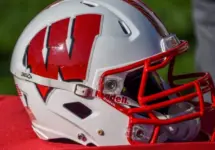 Chicago^ IL September 25^ 2021^ University of Wisconsin Badgers college football helmet^ red and white^ W logo^ American Football^ Big Ten