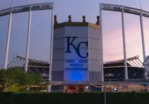 The front view at Kauffman Stadium^ home of the Kansas City Royals baseball team^ at dusk. Kansas City^ Missouri - July 14^ 2023