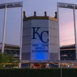 The front view at Kauffman Stadium^ home of the Kansas City Royals baseball team^ at dusk. Kansas City^ Missouri - July 14^ 2023