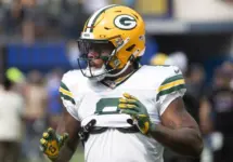 Green Bay Packers running back Josh Jacobs #8 warms up prior to an NFL football game against the Los Angeles Rams at SoFi Stadium^ Sunday^ Oct. 6^ 2024^ in Inglewood^ Calif.