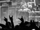 crowd holding up fingers in 'rock on' signs at rock concert/silhouette
