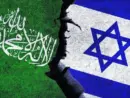 Israel vs Hamas concept flags on a wall with a crack. Hamas and Israel political conflict^ economy^ war crisis^ relationship^ trade concept