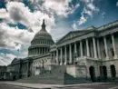 Dark and gloomy view of the deserted US Capitol Building under moody sky in Washington DC^ USA