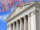 Washington D.C. US Supreme Court building. during spring time; cherry blossoms seen in front of image of Supreme Court