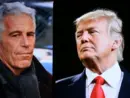 Conceptual editorial image showing U.S. President Donald Trump and Jeffrey Epstein on the screen. For editorial use only. New York U.S 27.07.2025