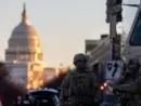 Members of the National Guard patrol the area surrounding the outskirts of the Capitol Building on January 19^ 2021^ in Washington D.C.
