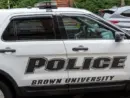 A police car in Brown University campus in Providence^ RI^ USA^ on November 10^ 2023. Brown University is a private Ivy League research university in Providence^ Rhode Island.