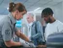 Security Checkpoint in Airport Terminal: Female TSA Worker Inspecting Baggage of Passenger before Boarding Flight^ Finding and Confiscates Liquid. Queue of Diverse People During Screening Procedures.