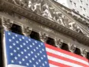 Grand American flag displayed on the facade of the New York Stock Exchange in downtown Manhattan. New York^ NY^ USA - 11.05.2024