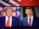 Photos of U.S. President Donald Trump and President of the People's Republic of China Xi Jinping appear on a smartphone screen. 11.04.2025. New York^ USA.