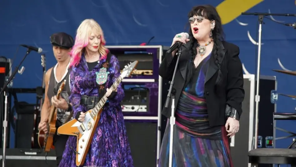 Heart's Ann and Nancy Wilson perform onstage at the 2024 New Orleans Jazz Heritage Festival at Fair Grounds Race Course on April 28^ 2024 in New Orleans Louisiana.