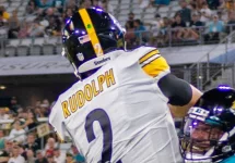 Mason Rudolph (#2) QB Pittsburgh Steelers being sacked by Jacksonville Jaguars; August 20 2022
