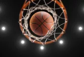 3d rendering basketball on hoop and lighting from roof stadium