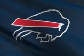 Buffalo Bill flag blowing in the wind. 3D rendering illustration of waving sign