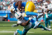 Los Angeles Chargers wide receiver Mike Williams (TOP) is brought down by Miami Dolphins cornerback Kader Kohou (BOTTOM) during an NFL football game^ Sept. 10^ 2023^ in Inglewood^ Calif.