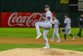Cleveland Guardians pitcher Shane Bieber pitches against the Oakland Athletics on Opening Day at the Oakland Coliseum. Oakland^ California - March 28^ 2024