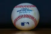 Baseball with 'Official Major League Baseball' Inscription and Blue MLB Batter Silhouette Logo