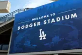 Closeup of the Welcome sign in the Outfield Plaza of Dodger Stadium. LOS ANGELES^ CALIFORNIA^ 29 JUNE 2021