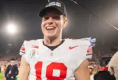 Ohio State quarterback Will Howard #18 is seen after winning the 2025 Rose Bowl game against Oregon Wednesday^ Jan. 1^ 2024^ in Pasadena^ Calif.