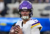Minnesota Vikings quarterback J.J. McCarthy #9 warms up prior to an NFL football game against the Los Angeles Chargers Oct. 23^ 2025^ in Inglewood^ Calif.