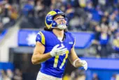 Los Angeles Rams wide receiver Puka Nacua #17 celebrates after the team defeated the Arizona Cardinals during an NFL football game at SoFi Stadium^ Dec. 28^ 2024^ in Inglewood^ Calif.