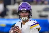 Minnesota Vikings quarterback J.J. McCarthy #9 warms up prior to an NFL football game against the Los Angeles Chargers Oct. 23^ 2025^ in Inglewood^ Calif.