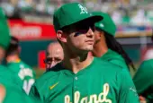 Oakland Athletics first baseman Tyler Soderstrom looks at the crowd after the A's won the final game at the Oakland Coliseum. Oakland^ California - September 26^ 2024
