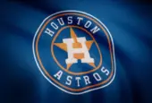 Waving flag with Houston Astros professional team logo. Close-up of waving flag with Houston Astros baseball team logo^ seamless loop