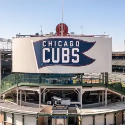 Chicago^ IL^ USA - October 9^ 2024: An aerial view of Major League Baseball's Chicago Cubs' Wrigley Field stadium in the Wrigleyville neighborhood of Chicago.