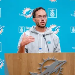Miami Dolphins head coach Mike McDaniel answers questions at a pre-practice press conference at Baptist Health Training Complex in Miami Gardens^ FL September 22^ 2023