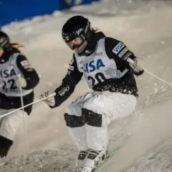 Jaelin Kauf (right) vs Olivia Giaccio (left) at the FIS Freestyle World Cup Moguls competition in Deer Valley^ UT on February 04^ 2017