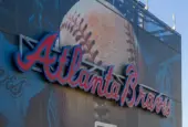 The Atlanta Braves logo on the back of the scoreboard at Truist Park in Atlanta Georgia USA Atlanta Georgia USA - 9 7 2024