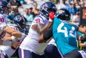 #71 TYTUS HOWARD # 44 TRAVON WALKER at HOUSTON TEXANS VS JACKSONVILLE JAGUARS OCTOBER 9^ 2022 at TIAA BANK FIELD JACKSONVILLE FLORIDA D'Avril Grant
