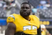 Los Angeles Chargers guard Mekhi Becton Sr. #73 warms up prior to an NFL football game against the Indianapolis Colts at SoFi Stadium^ Oct. 19^ 2025^ in Inglewood^ Calif.