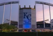 The front view at Kauffman Stadium^ home of the Kansas City Royals baseball team^ at dusk. Kansas City^ Missouri - July 14^ 2023