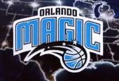 Orlando Magic basketball team badge lies on United States map background banner