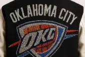 OKLAHOMA CITY THUNDER IN ALL RHINESTONES AS PATCH ON BACK OF MENS VARSITY JACKET AI-generated image / This content was generated by an Artificial Intelligence (AI) system.