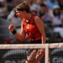 Professional tennis player Karolina Muchova of Czech Republic in action during women singles semi-final match against Aryna Sabalenka of Belarus at 2023 Roland Garros PARIS^ FRANCE - JUNE 8^ 2023