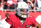 Arizona Cardinals quarterback and first overall draft pick Kyler Murray (1) rolls out of the pocket during an NFL game. Nov 10^ 2019; Tampa^ FL USA