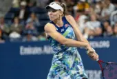 Elena Rybakina of Kazakhstan returns ball during 3rd round against Sorana Cirstea of Romania at the US Open Championships at Billie Jean King Tennis Center in New York on September 1^ 2023