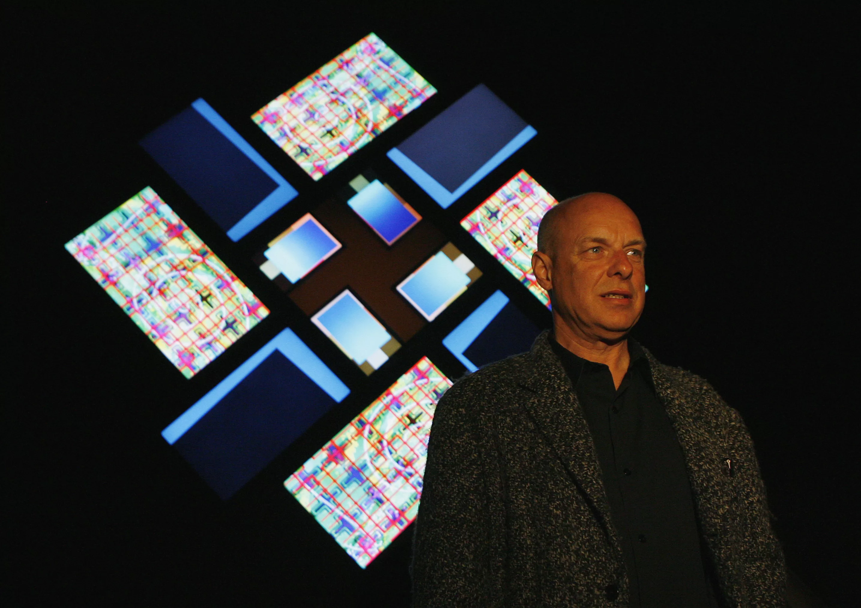 british-contemporary-artist-eno-poses-next-to-his-work-77-million-paintings-as-part-of-the-sydney-vivid-festival-at-sydney-opera-house