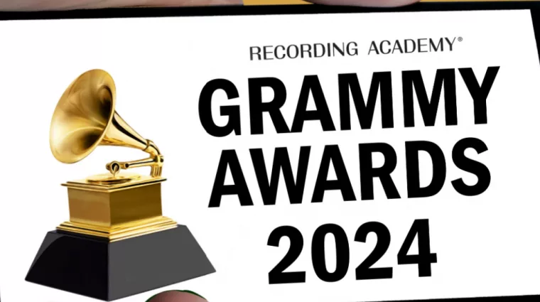 Grammy awards 2024 logo displayed on hand holding mobile screen. isolated on color background.