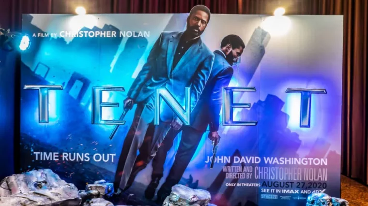 science fiction spy film from Christopher Nolan TENET display at the cinema to promote the movie