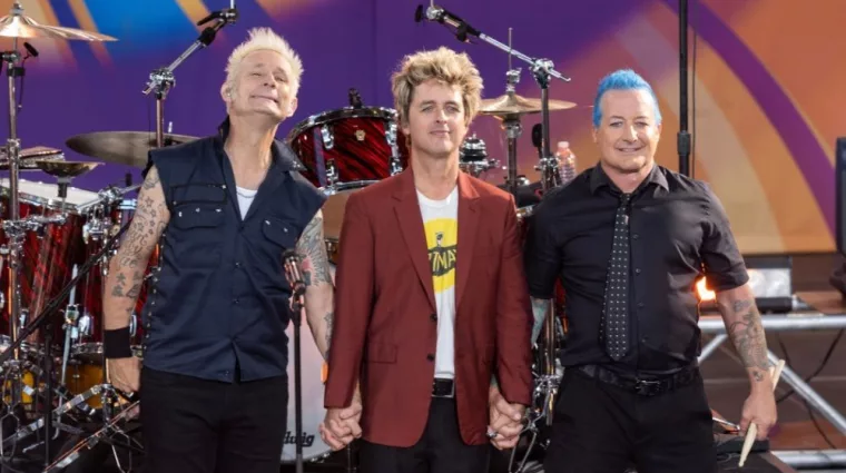 rock group Green Day (Mike Dirnt^ Billie Joe Armstrong^ Tre Cool) at ABC Good Morning America concert in Central Park in New York on July 26^ 2024