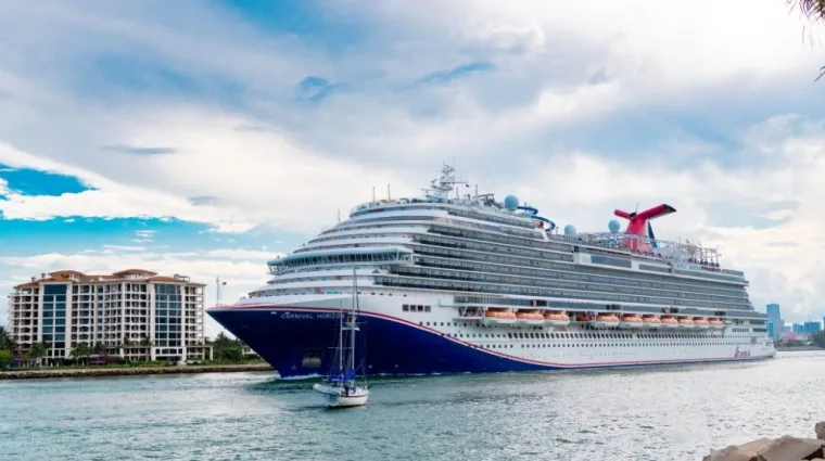 Carnival horizon cruise ship. Cruise ship vacation. Aerial view of cruise ship in vacation summer. Travel at sea. Luxury liner. Ship leaving Miami port Miami^ Florida^ USA - June 09^ 2024