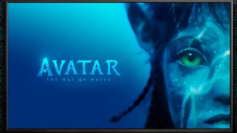 TV on black textured wall playing 'Avatar: The Way of Water' movie. Moscow^ Russia - November 3^ 2022.