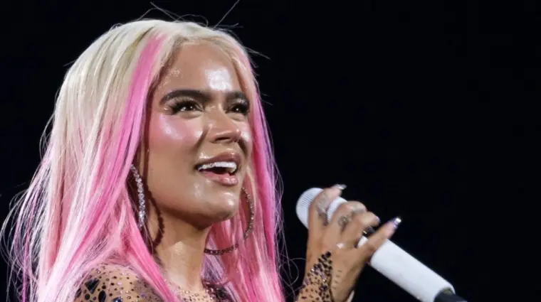 Singer Karol G during a performance at the Santiago Bernabeu^ on July 20^ 2024^ in Madrid^ Spain