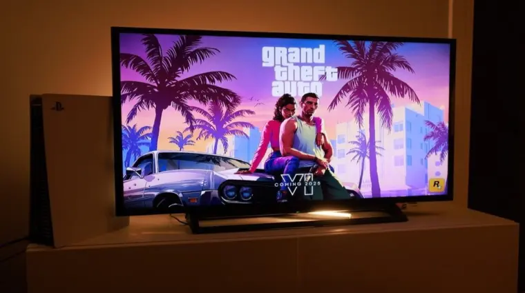 PlayStation 5. New Grand Theft Auto VI Sony PS5 console. Dualsense controller. Man holding joystick and ready to play upcoming GTA 6 game